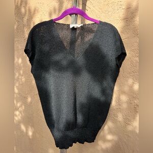 Vintage French Rags hand loomed black V-neck short sleeve top